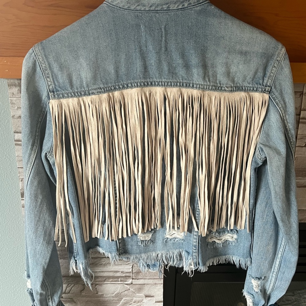 Hidden Women's Blue Jean Jacket with Fringe and sequins. - Picture 5 of 9